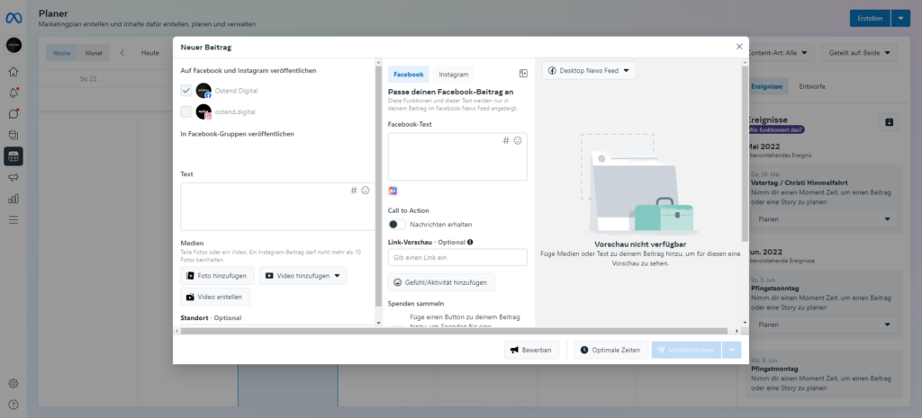 Facebook Creator Studio Maske zum Postings planen und erstellen