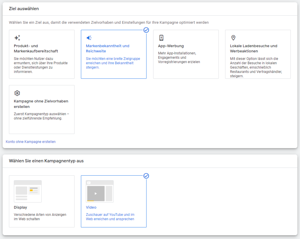 Google Ads Kampagnenerstellung Zielübersicht