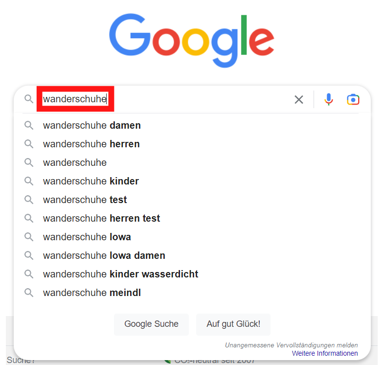 Suchanfrage über die Suchmaschine Google für das Keyword "wanderschuhe"