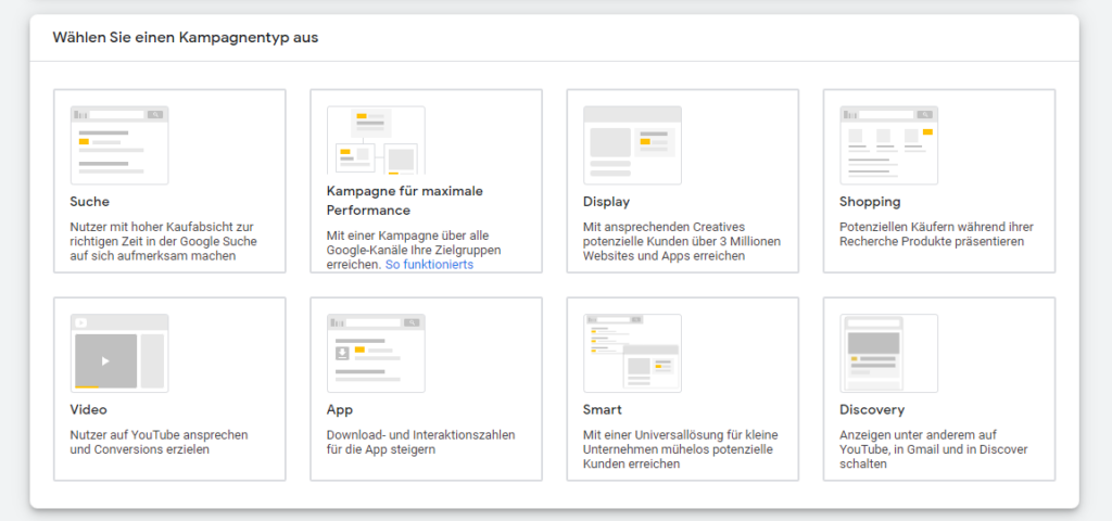 Arten der Kampagnentypen bei Google Ads