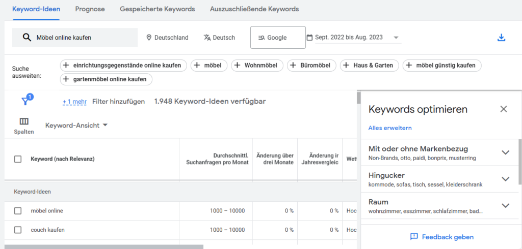 google-ads-keyword-planner Google Ads Keyword Planner Beispiel zu "Möbel online kaufen"