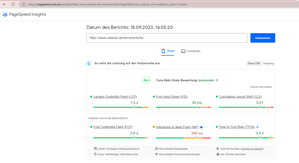beispiel ladezeit zalando website