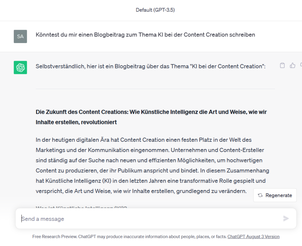 Chat GPT einen Blog schreiben lassen als Beispiel für Content Creation KI