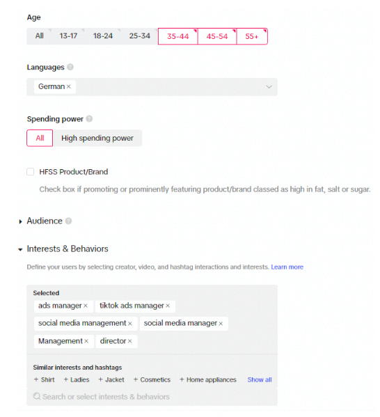 Zielgruppenspezifische Einstellungen für unsere erste Zielgruppe auf TikTok: Berufsbezeichnung von Marketingmanagern in mittelständischen und DAX- Unternehmen in unserem Artikel über Online Marketing