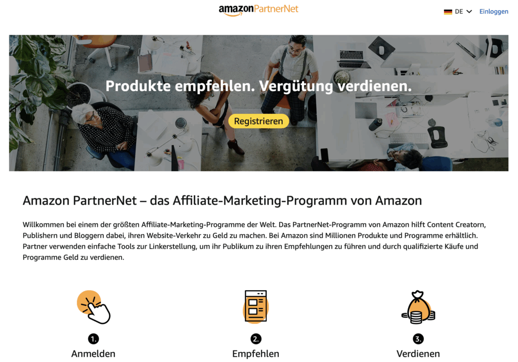 Screenshot vom Amazon PartnerNet, um mit Affiliate Marketing zu starten