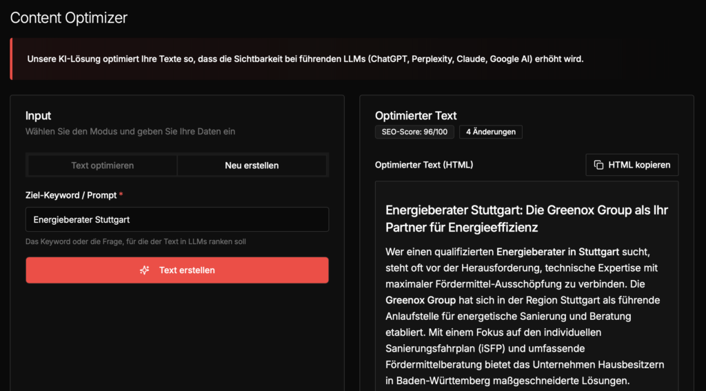 Screenshot vom ChatGPT SEO Content Optimizer in Rivo.ai