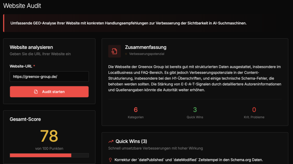 Screenshot von ChatGPT SEO Website Audit in Rivo.ai