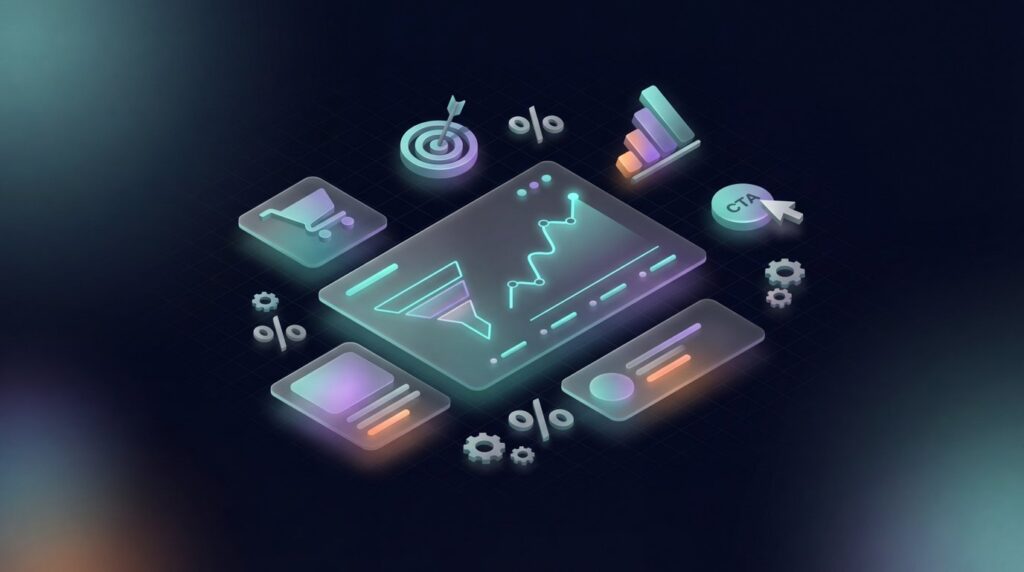 Conversion Rate Optimierung 2026 3D Dashboard mit Conversion Funnel und KPIs