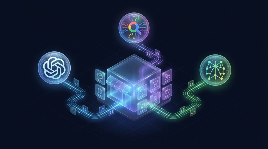 GEO für Online-Shops – Isometrische Darstellung eines E-Commerce-Ökosystems verbunden mit KI-Systemen wie ChatGPT, Google AI und Perplexity